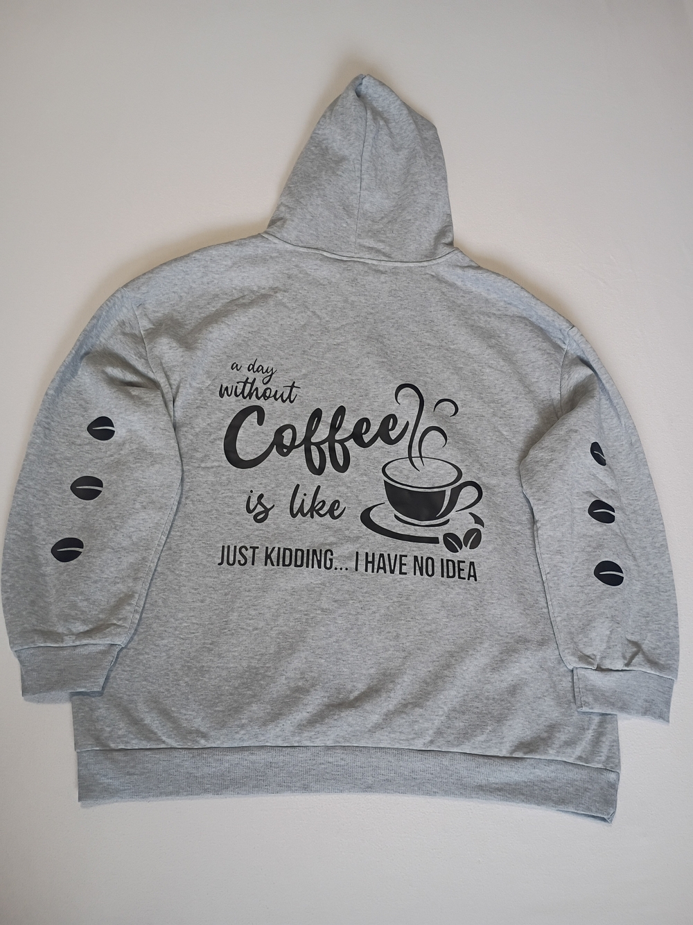 Humorous Coffee Lover Statement Hoodie 3XL Oversized Grey Black Sweatshirt
